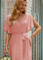 Numbersea V-Neck Bridesmaid Dress Long Formal Dresses with Belt for 28022