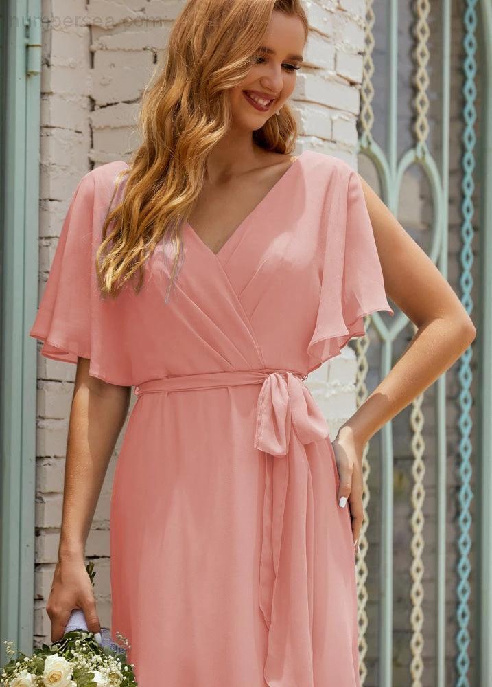 Numbersea V-Neck Bridesmaid Dress Long Formal Dresses with Belt for 28022