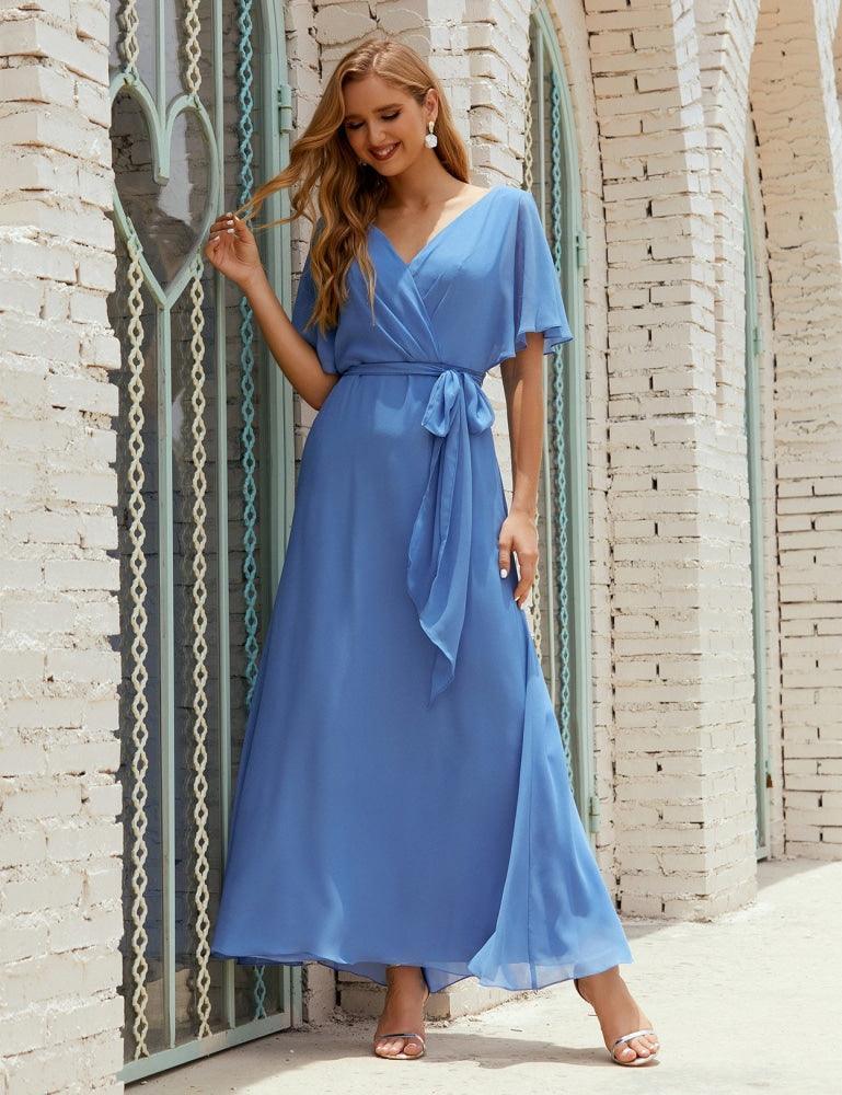 Numbersea V-Neck Bridesmaid Dress Long Formal Dresses with Belt for 28022