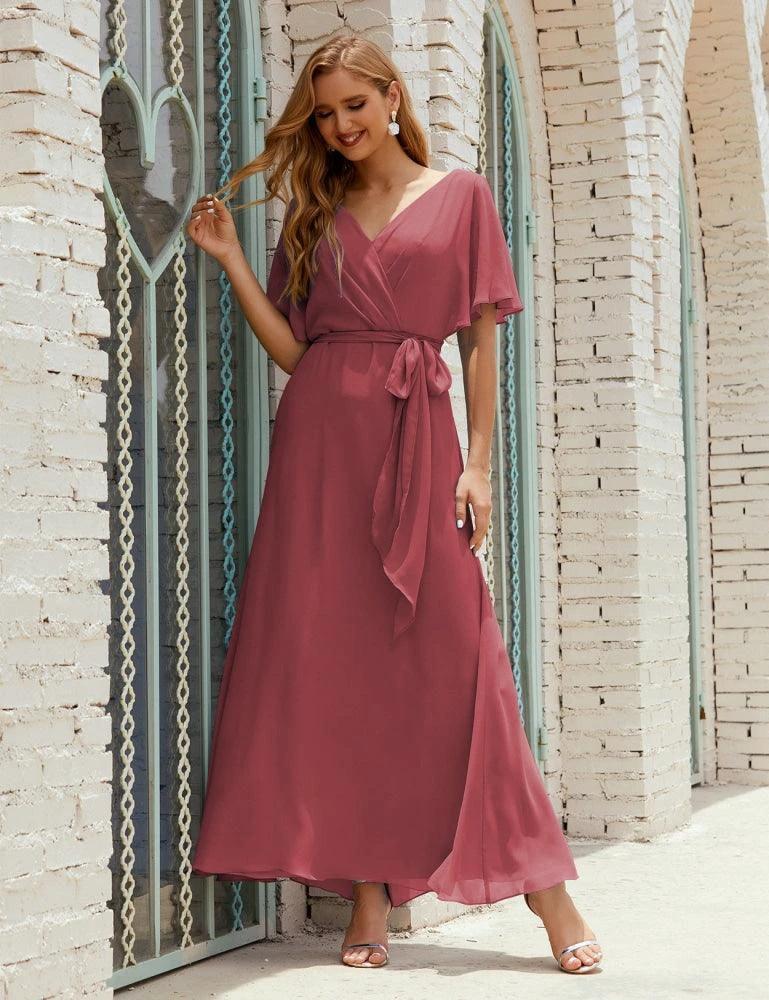 Numbersea V-Neck Bridesmaid Dress Long Formal Dresses with Belt for 28022