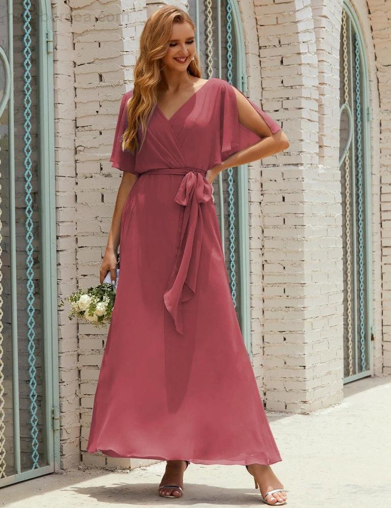 Numbersea V-Neck Bridesmaid Dress Long Formal Dresses with Belt for 28022