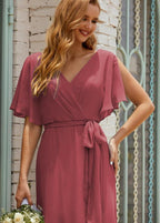 Numbersea V-Neck Bridesmaid Dress Long Formal Dresses with Belt for 28022