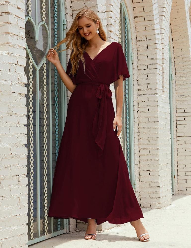 Numbersea V-Neck Bridesmaid Dress Long Formal Dresses with Belt for 28022