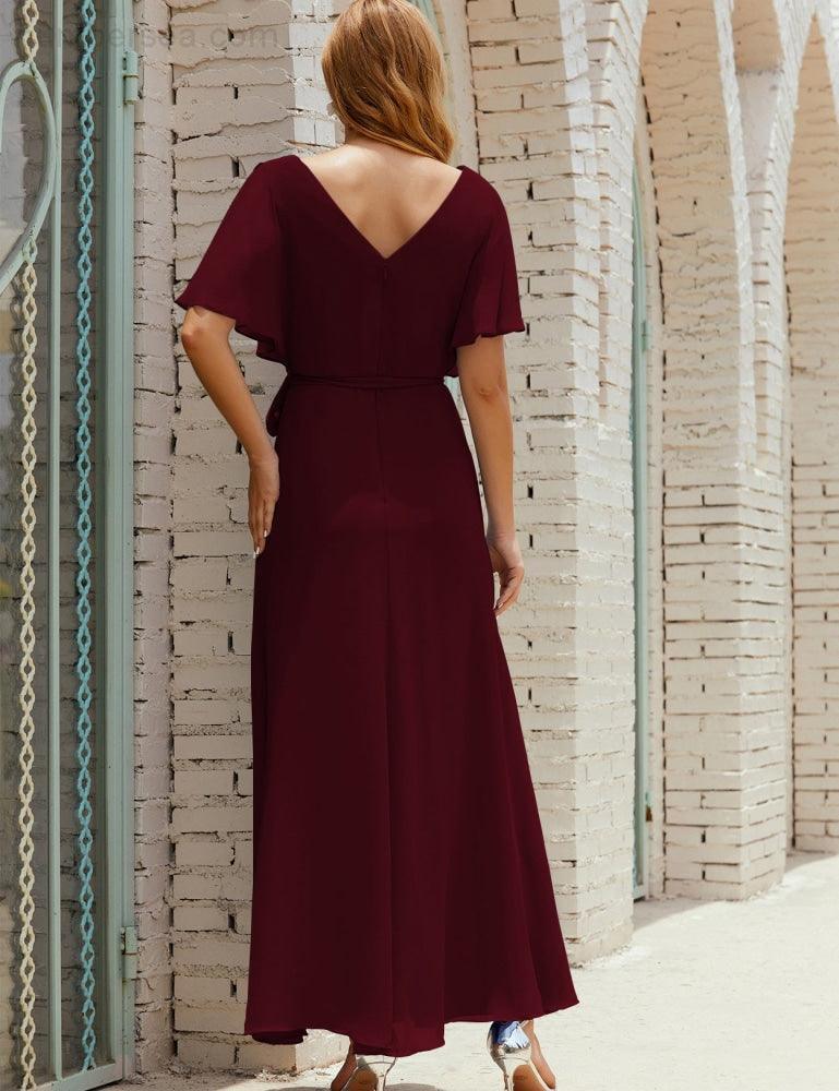 Numbersea V-Neck Bridesmaid Dress Long Formal Dresses with Belt for 28022
