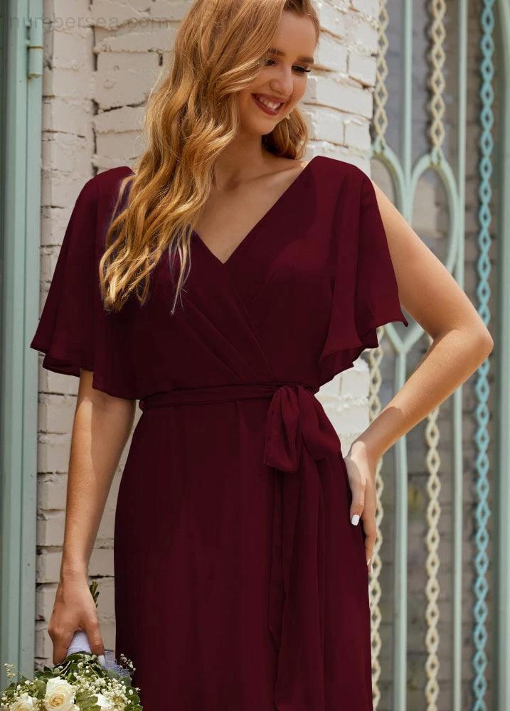 Numbersea V-Neck Bridesmaid Dress Long Formal Dresses with Belt for 28022