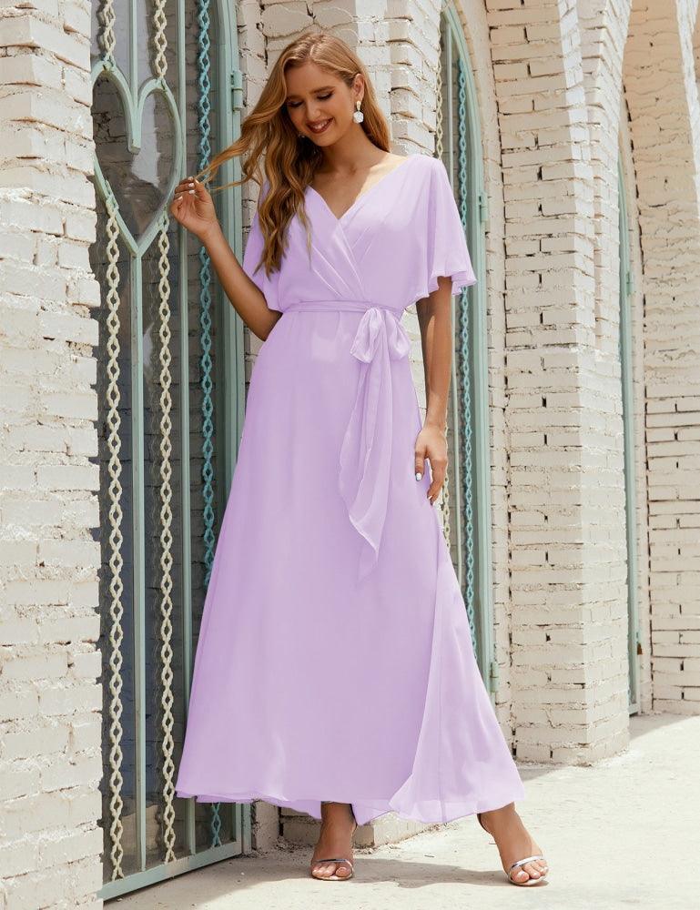 Numbersea V-Neck Bridesmaid Dress Long Formal Dresses with Belt for 28022