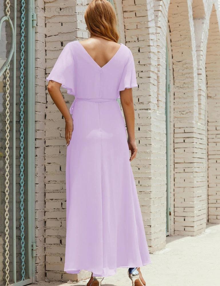 Numbersea V-Neck Bridesmaid Dress Long Formal Dresses with Belt for 28022