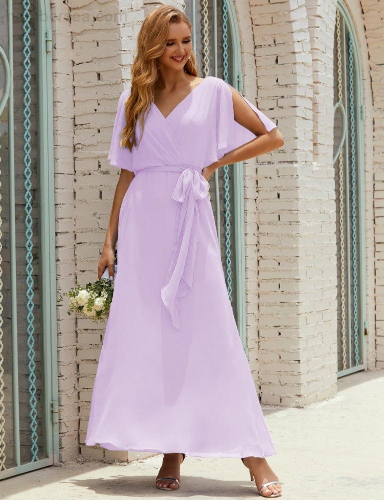 Numbersea V-Neck Bridesmaid Dress Long Formal Dresses with Belt for 28022