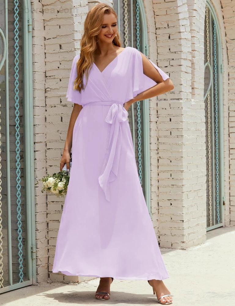 Numbersea V-Neck Bridesmaid Dress Long Formal Dresses with Belt for 28022