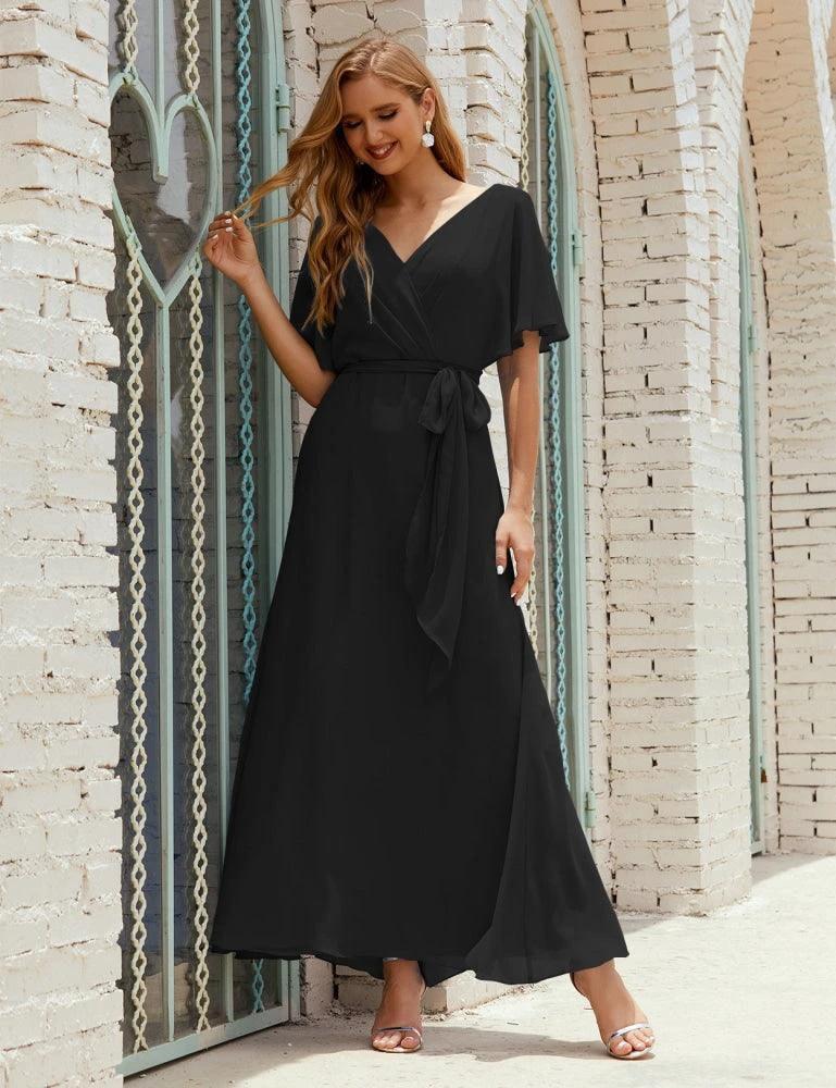 Numbersea V-Neck Bridesmaid Dress Long Formal Dresses with Belt for 28022