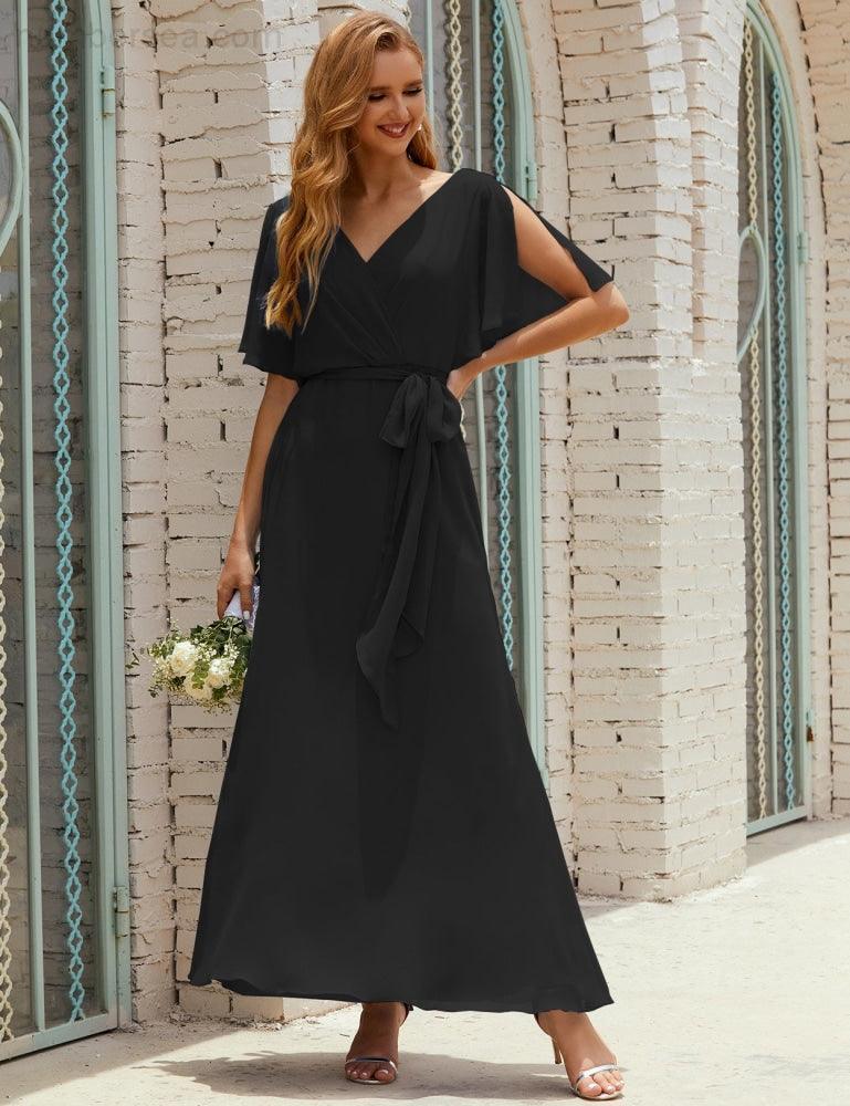 Numbersea V-Neck Bridesmaid Dress Long Formal Dresses with Belt for 28022