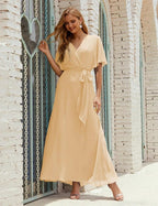 Numbersea V-Neck Bridesmaid Dress Long Formal Dresses with Belt for 28022