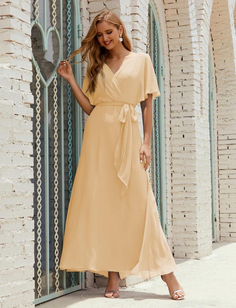 Numbersea V-Neck Bridesmaid Dress Long Formal Dresses with Belt for 28022