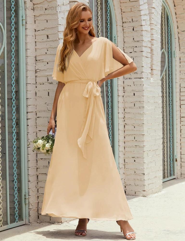 Numbersea V-Neck Bridesmaid Dress Long Formal Dresses with Belt for 28022