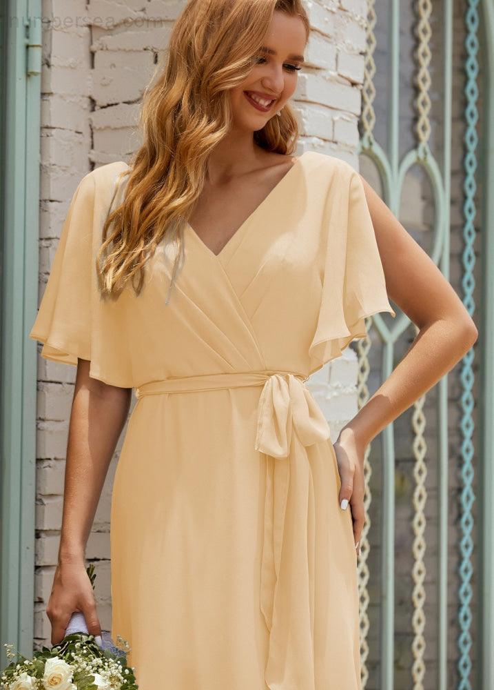 Numbersea V-Neck Bridesmaid Dress Long Formal Dresses with Belt for 28022