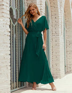 Numbersea V-Neck Bridesmaid Dress Long Formal Dresses with Belt for 28022