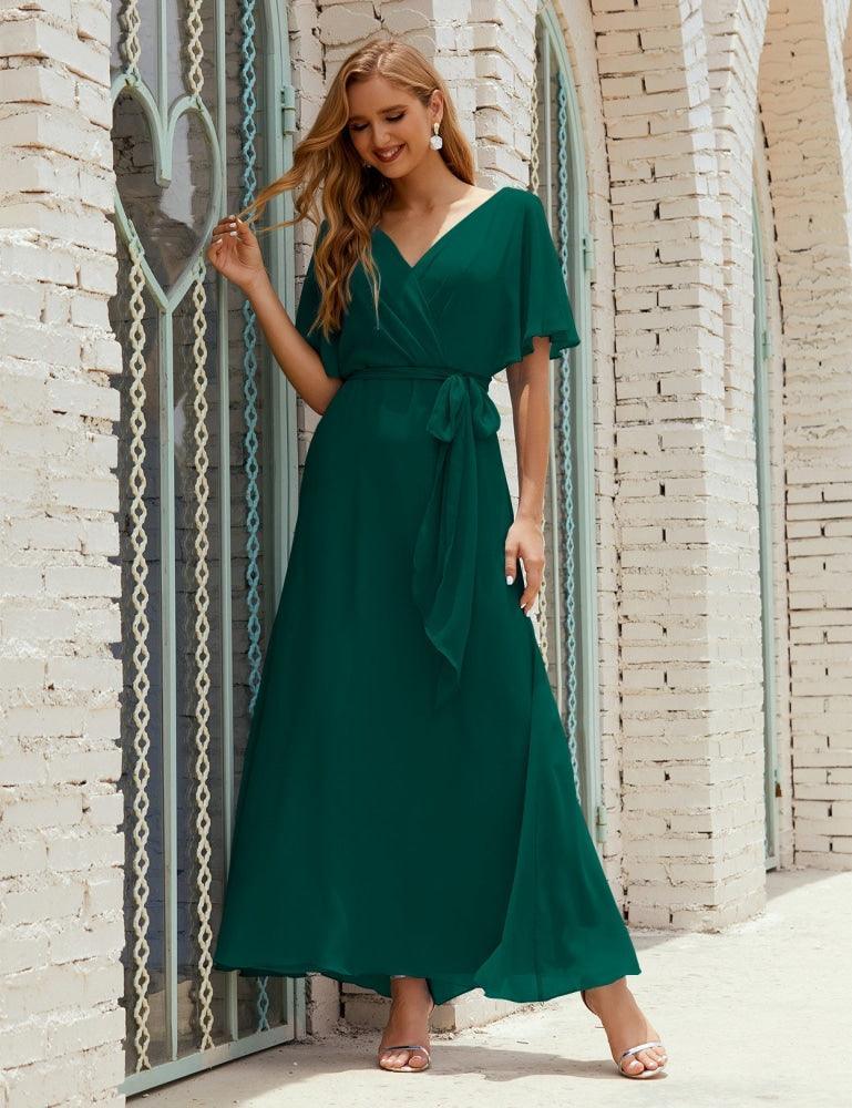 Numbersea V-Neck Bridesmaid Dress Long Formal Dresses with Belt for 28022