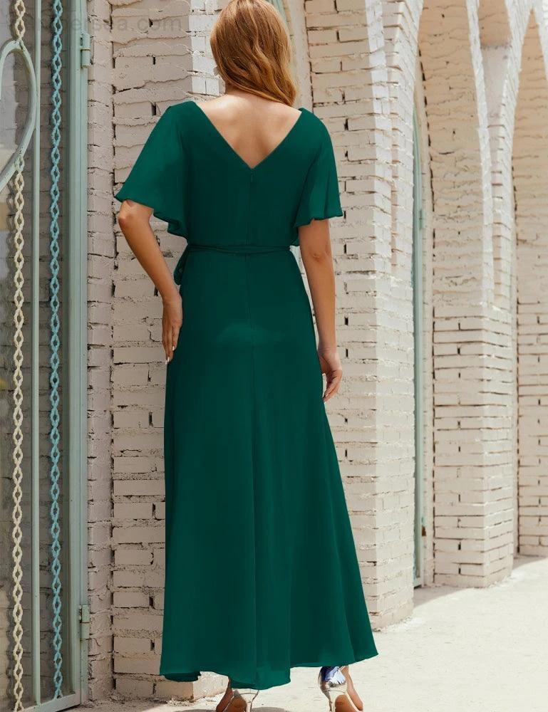 Numbersea V-Neck Bridesmaid Dress Long Formal Dresses with Belt for 28022