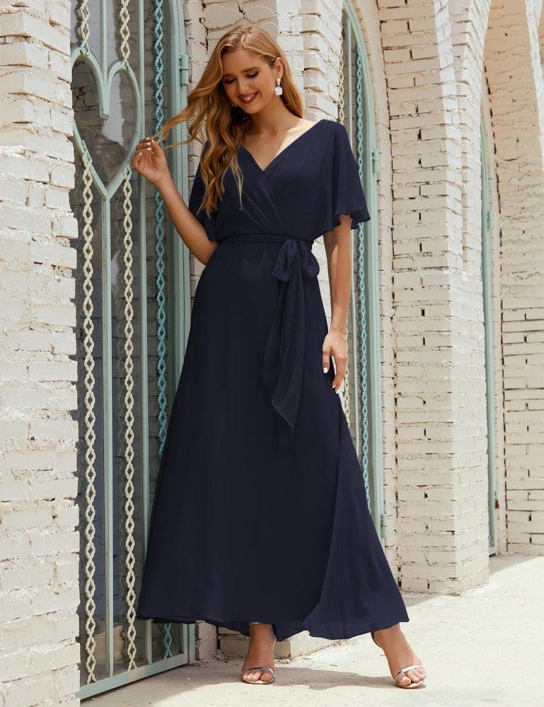 Numbersea V-Neck Bridesmaid Dress Long Formal Dresses with Belt for 28022