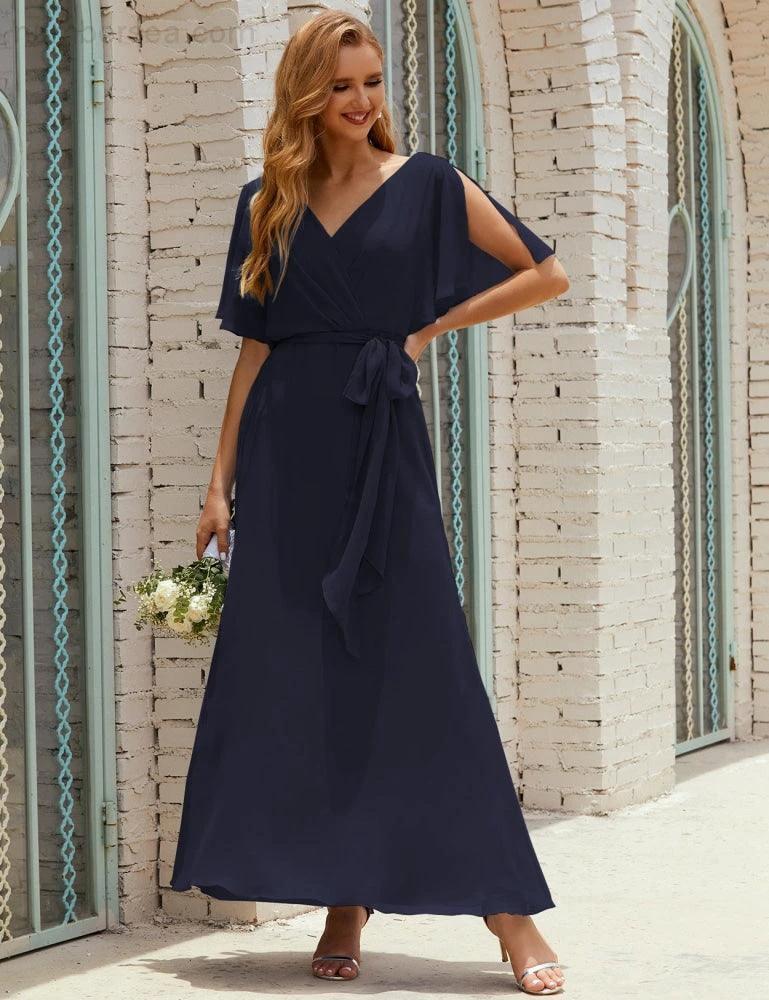 Numbersea V-Neck Bridesmaid Dress Long Formal Dresses with Belt for 28022
