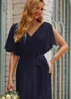 Numbersea V-Neck Bridesmaid Dress Long Formal Dresses with Belt for 28022