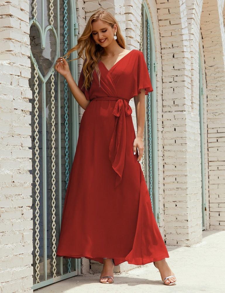 Numbersea V-Neck Bridesmaid Dress Long Formal Dresses with Belt for 28022