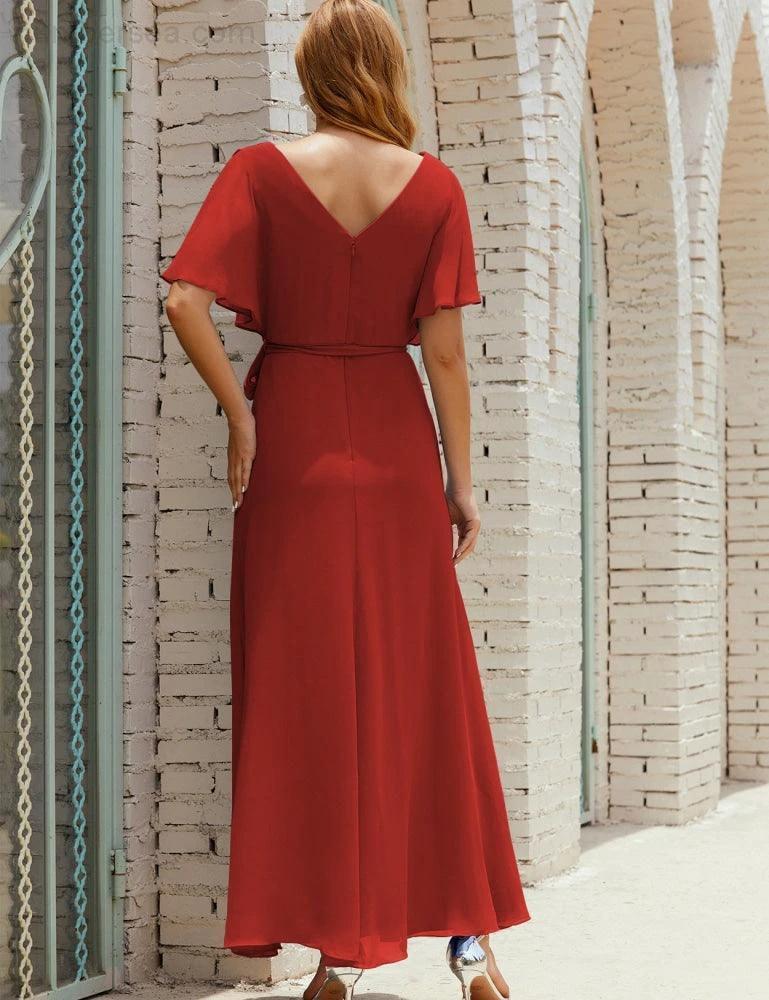 Numbersea V-Neck Bridesmaid Dress Long Formal Dresses with Belt for 28022