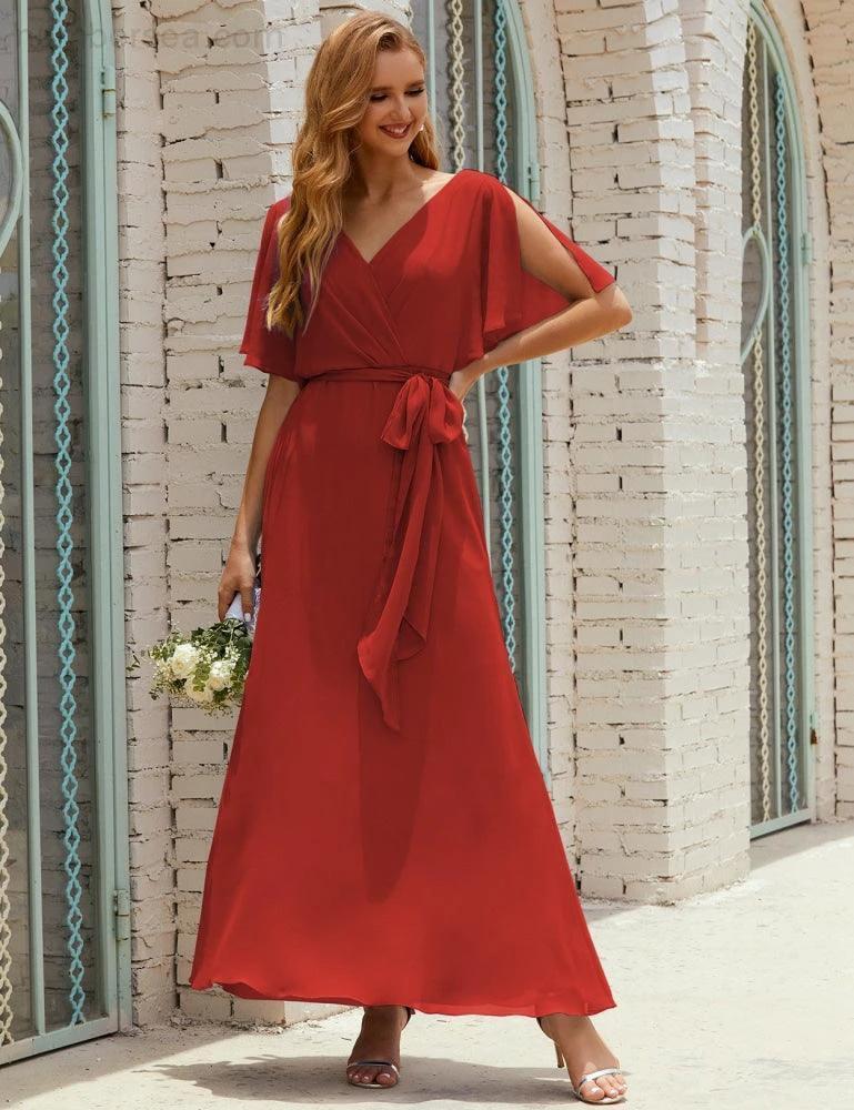 Numbersea V-Neck Bridesmaid Dress Long Formal Dresses with Belt for 28022