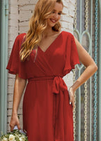 Numbersea V-Neck Bridesmaid Dress Long Formal Dresses with Belt for 28022