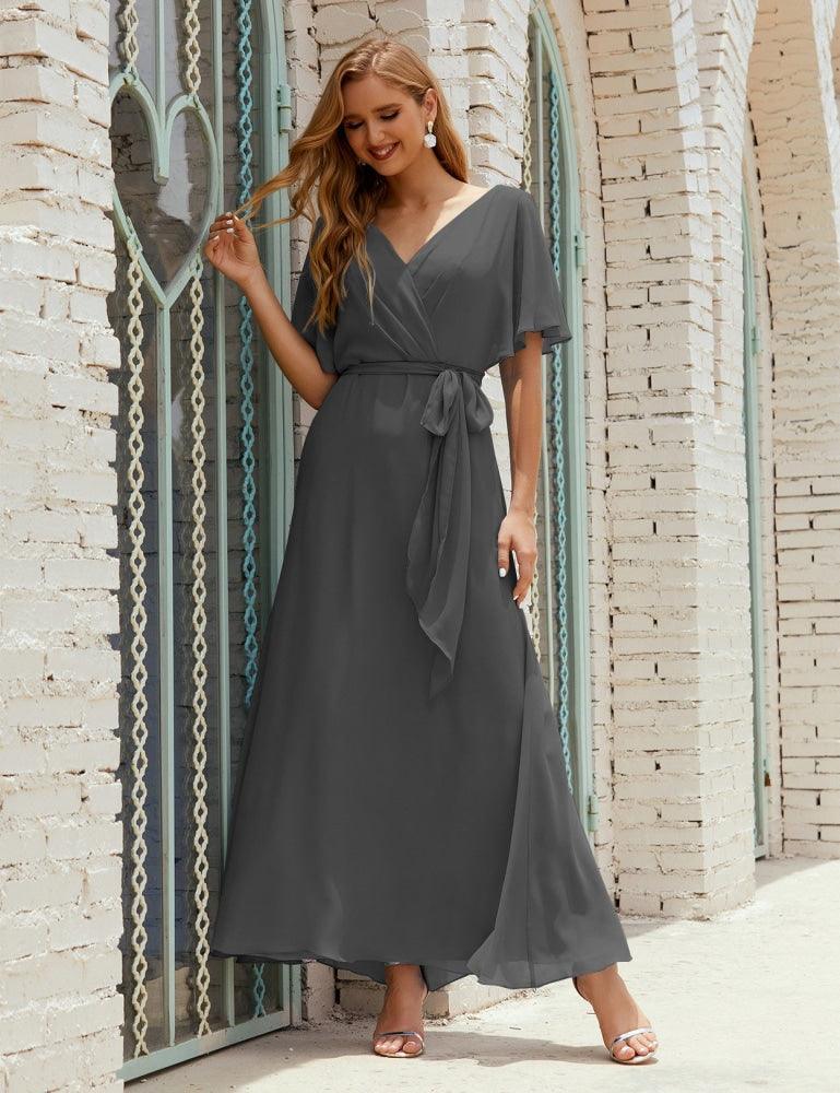 Numbersea V-Neck Bridesmaid Dress Long Formal Dresses with Belt for 28022