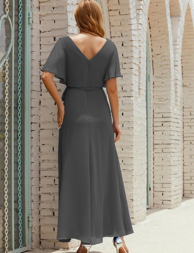 Numbersea V-Neck Bridesmaid Dress Long Formal Dresses with Belt for 28022