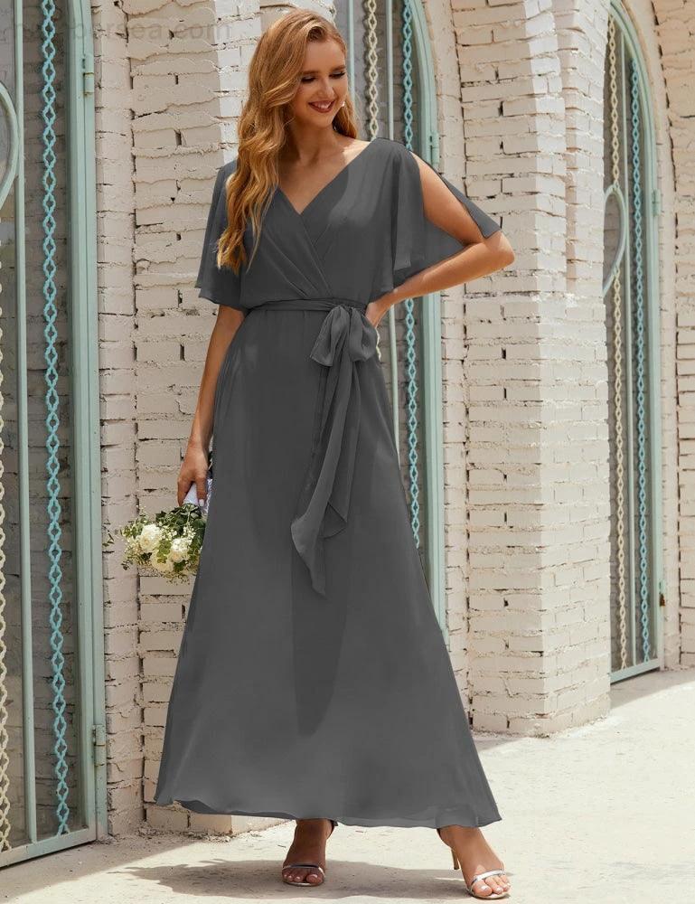 Numbersea V-Neck Bridesmaid Dress Long Formal Dresses with Belt for 28022