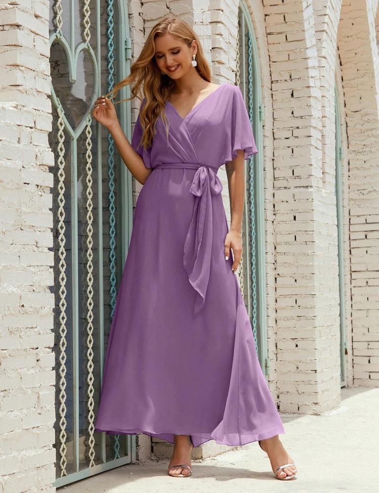 Numbersea V-Neck Bridesmaid Dress Long Formal Dresses with Belt for 28022