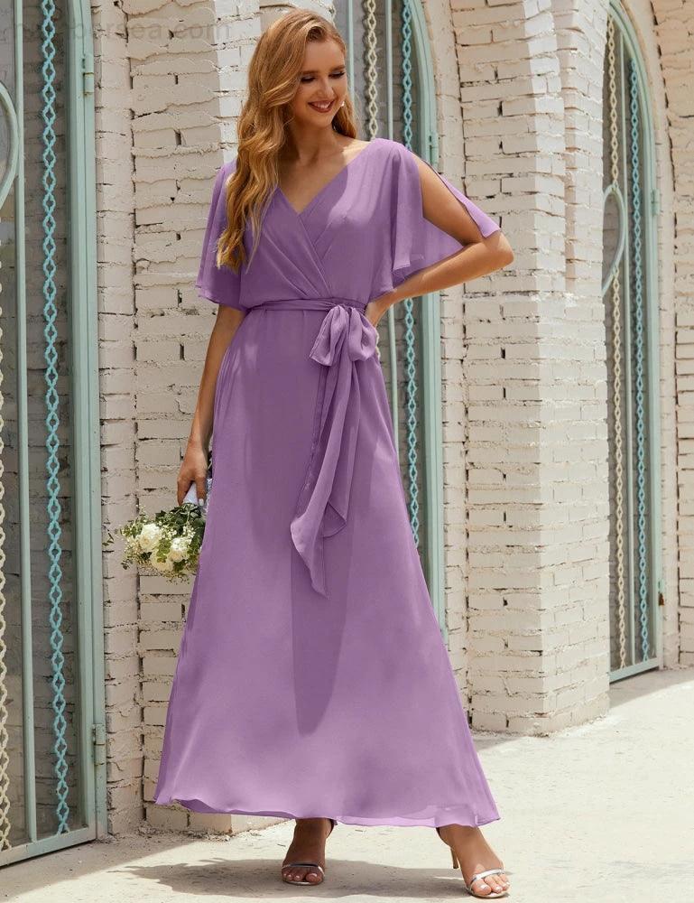 Numbersea V-Neck Bridesmaid Dress Long Formal Dresses with Belt for 28022