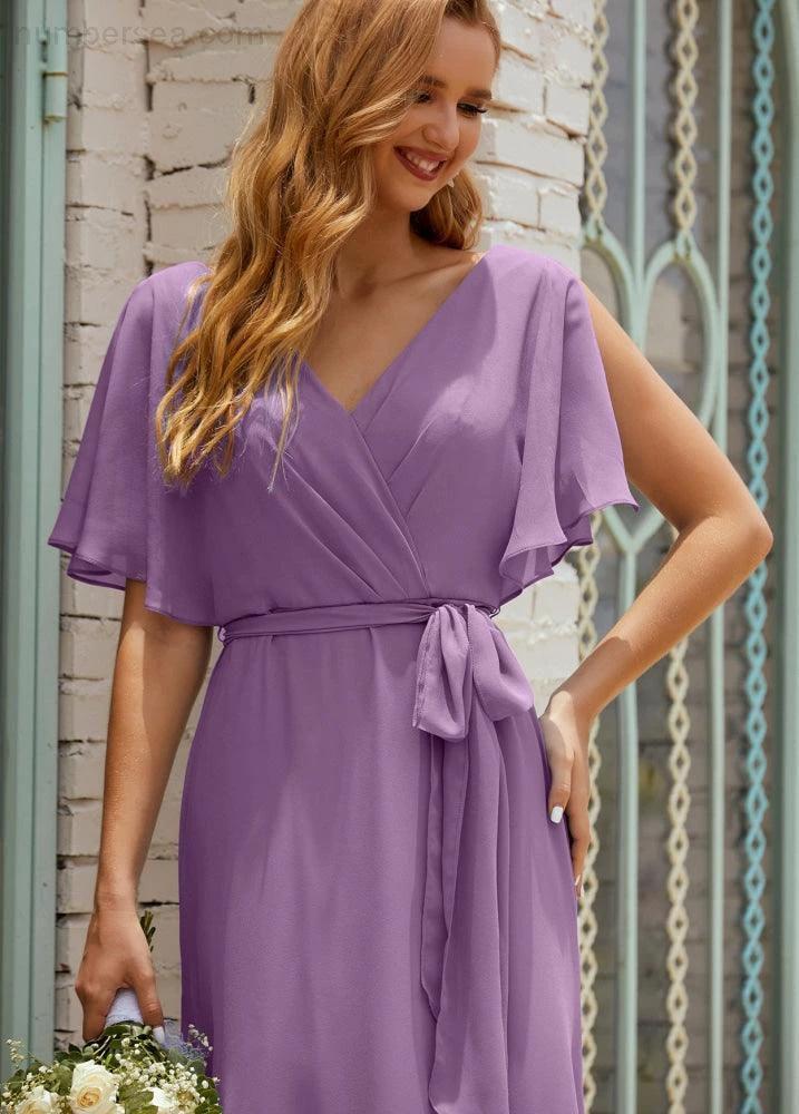 Numbersea V-Neck Bridesmaid Dress Long Formal Dresses with Belt for 28022