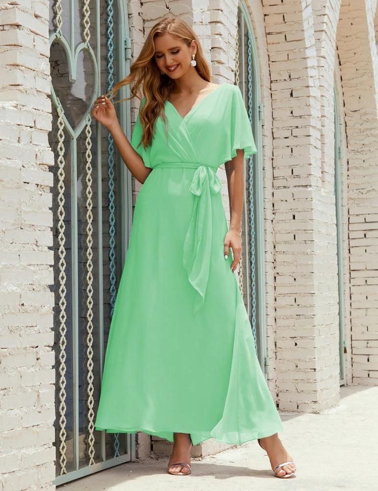 Numbersea V-Neck Bridesmaid Dress Long Formal Dresses with Belt for 28022