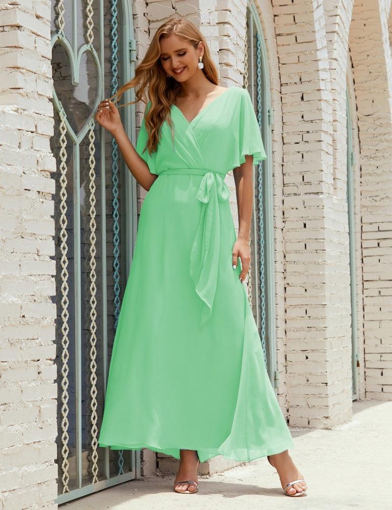 Numbersea V-Neck Bridesmaid Dress Long Formal Dresses with Belt for 28022