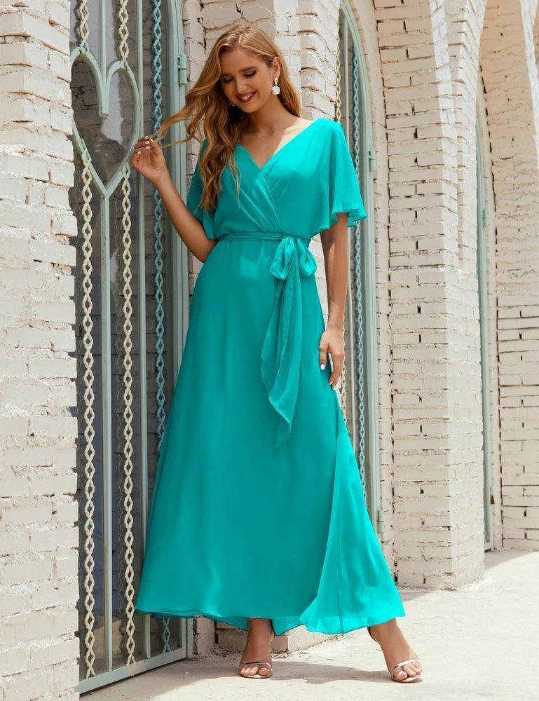 Numbersea V-Neck Bridesmaid Dress Long Formal Dresses with Belt for 28022