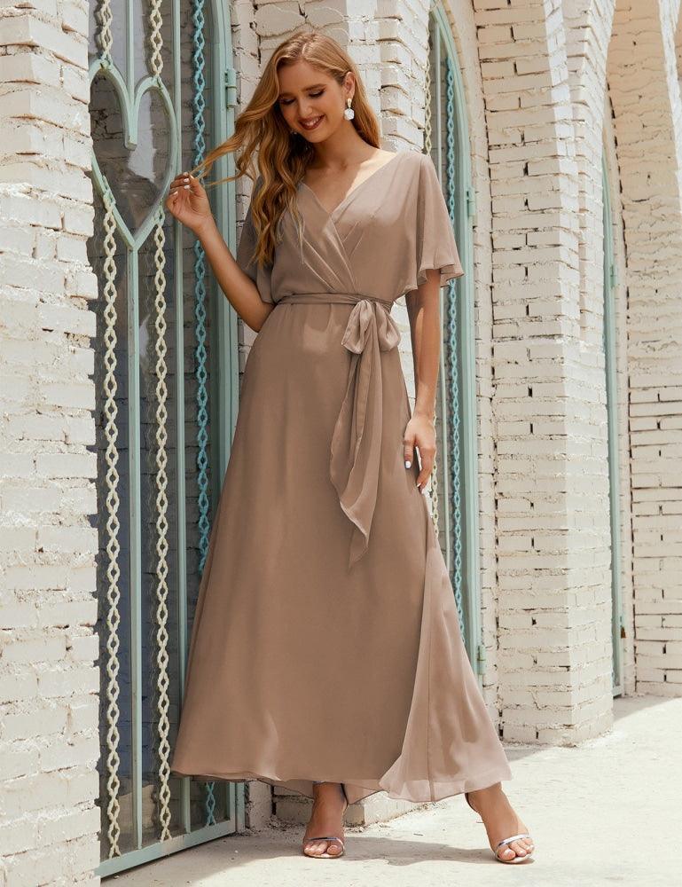 Numbersea V-Neck Bridesmaid Dress Long Formal Dresses with Belt for 28022