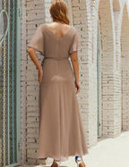 Numbersea V-Neck Bridesmaid Dress Long Formal Dresses with Belt for 28022