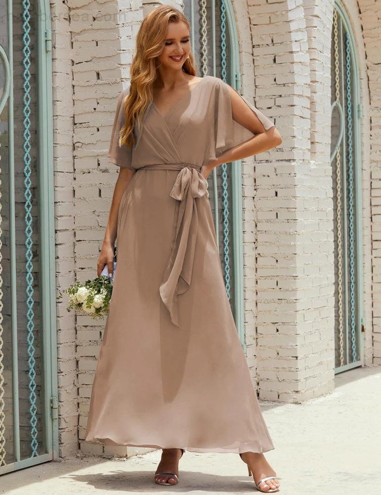 Numbersea V-Neck Bridesmaid Dress Long Formal Dresses with Belt for 28022