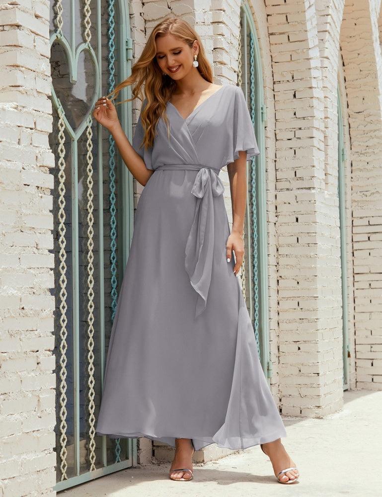 Numbersea V-Neck Bridesmaid Dress Long Formal Dresses with Belt for 28022