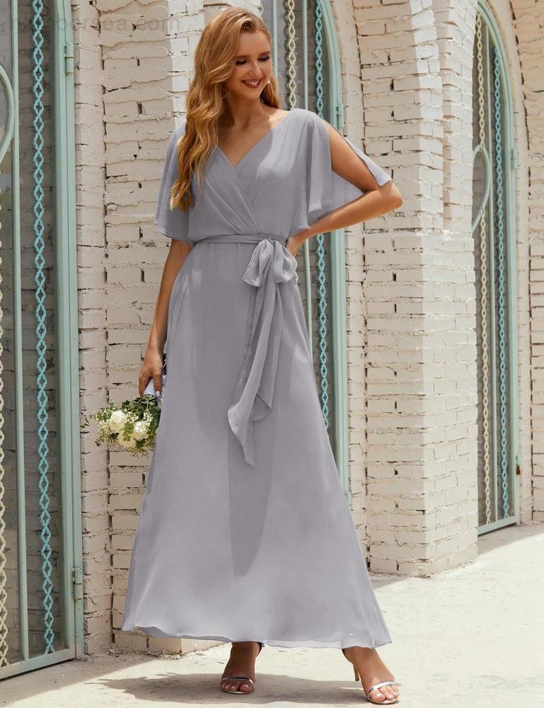 Numbersea V-Neck Bridesmaid Dress Long Formal Dresses with Belt for 28022