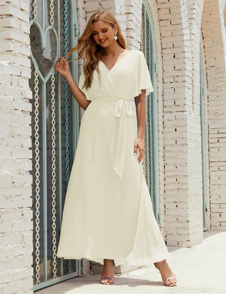 Numbersea V-Neck Bridesmaid Dress Long Formal Dresses with Belt for 28022