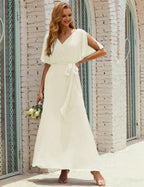 Numbersea V-Neck Bridesmaid Dress Long Formal Dresses with Belt for 28022