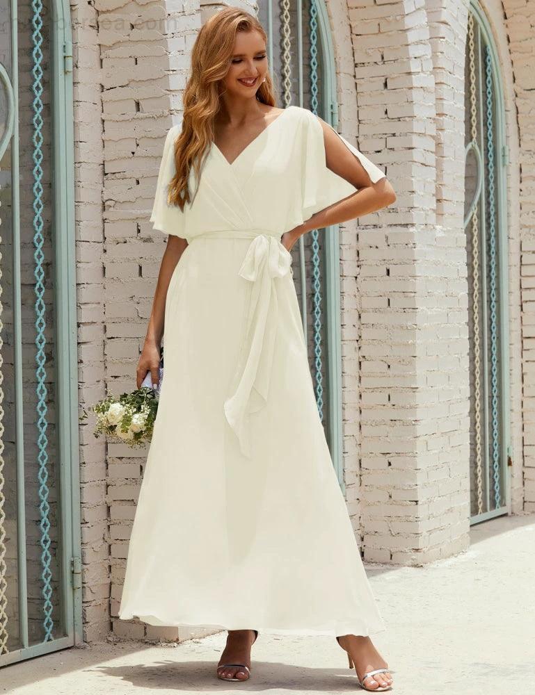 Numbersea V-Neck Bridesmaid Dress Long Formal Dresses with Belt for 28022