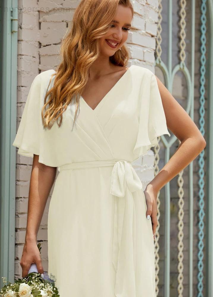 Numbersea V-Neck Bridesmaid Dress Long Formal Dresses with Belt for 28022