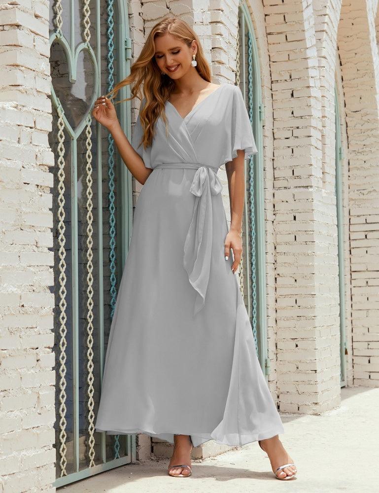 Numbersea V-Neck Bridesmaid Dress Long Formal Dresses with Belt for 28022