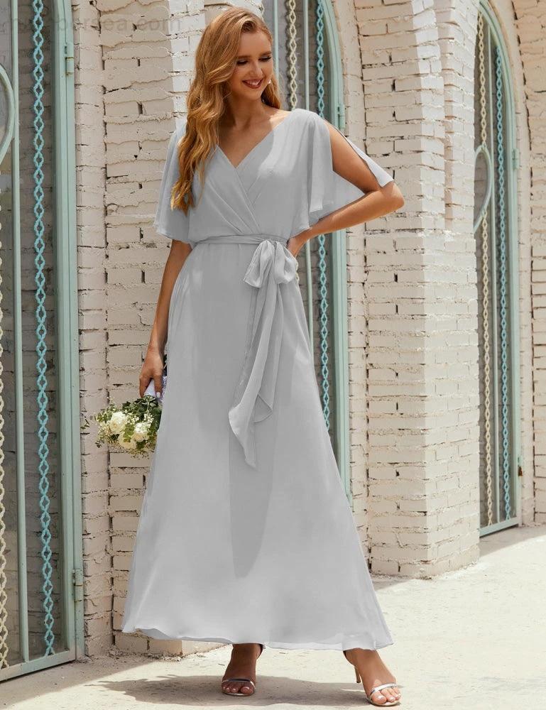 Numbersea V-Neck Bridesmaid Dress Long Formal Dresses with Belt for 28022