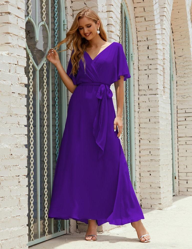 Numbersea V-Neck Bridesmaid Dress Long Formal Dresses with Belt for 28022